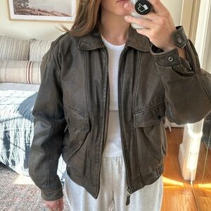 Peter England Vintage Leather Brown Bomber Jacket